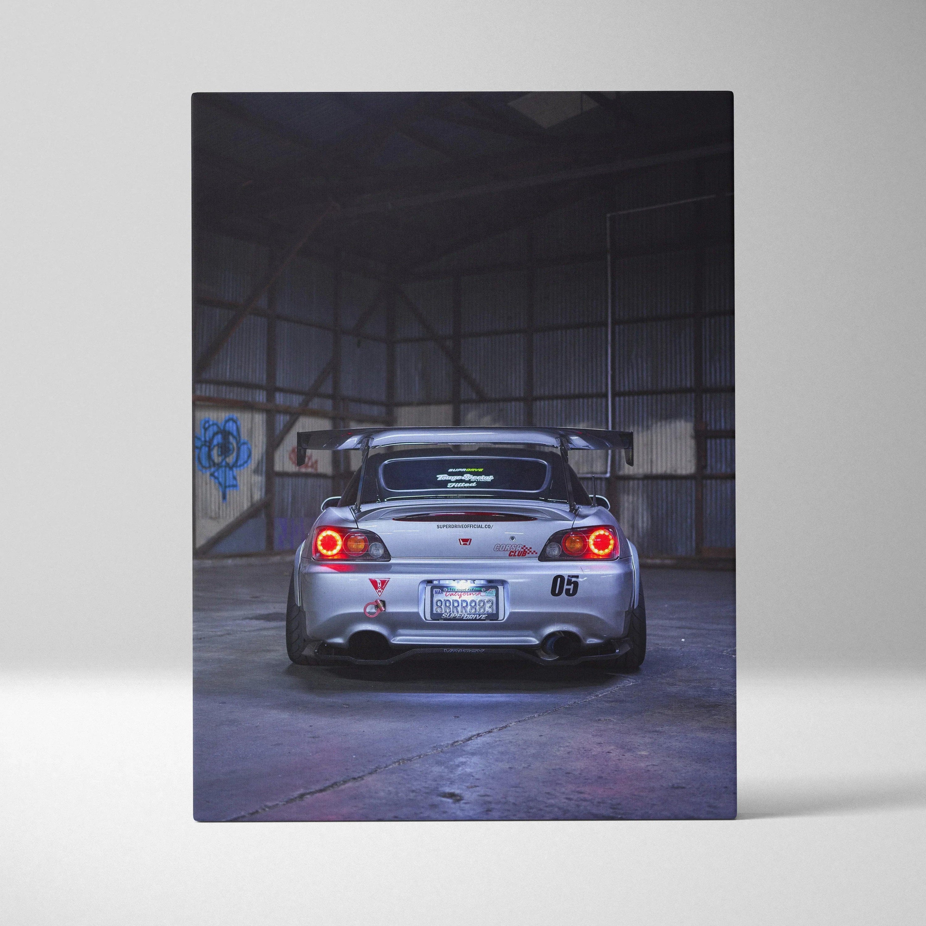 Honda S2000 rear view car canvas art with dark warehouse background wall art.