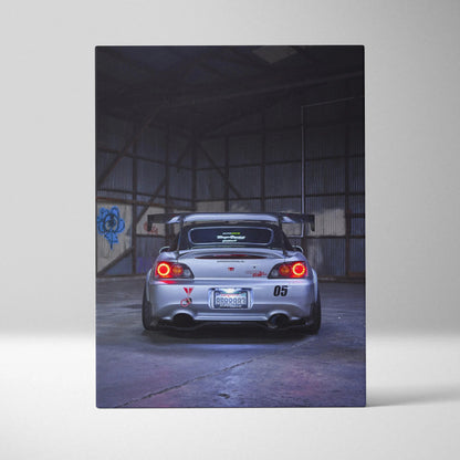 Honda S2000 rear view car canvas art with dark warehouse background wall art.