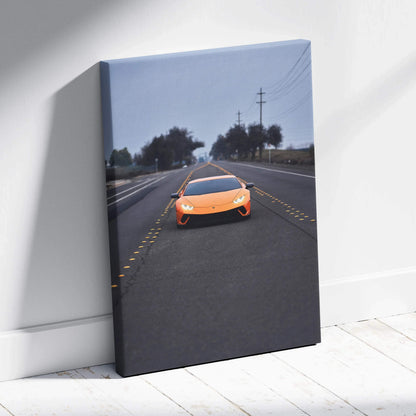 Vertical canvas wall art featuring a bright orange Lamborghini Huracan on a rural road at dusk.