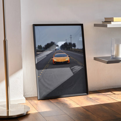 Lamborghini Huracan poster with high-resolution artwork leaning against wall in black frame, modern wall art.