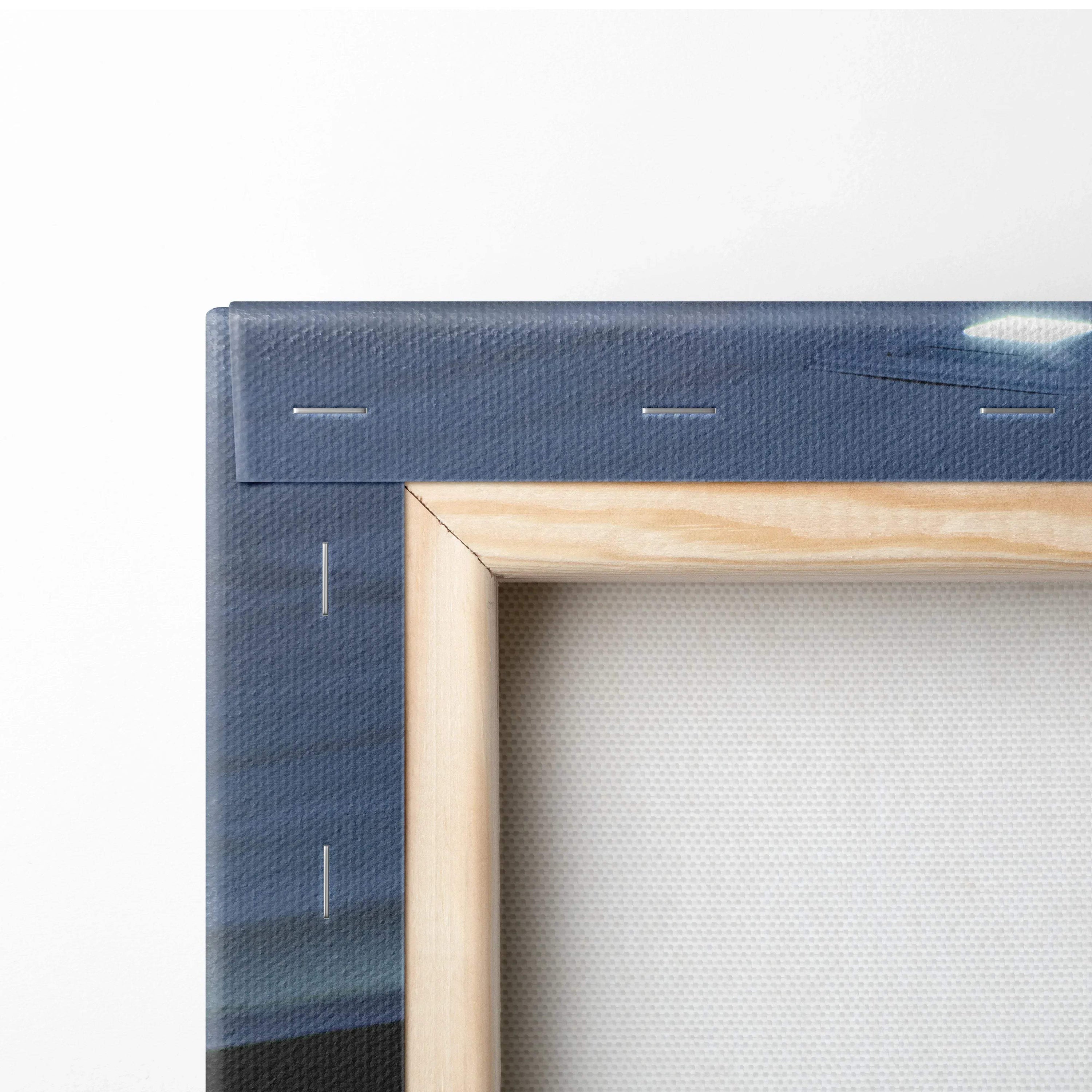 Close-up of wooden frame corner with stretched canvas fabric, showcasing high-quality canvas art and wall art construction.