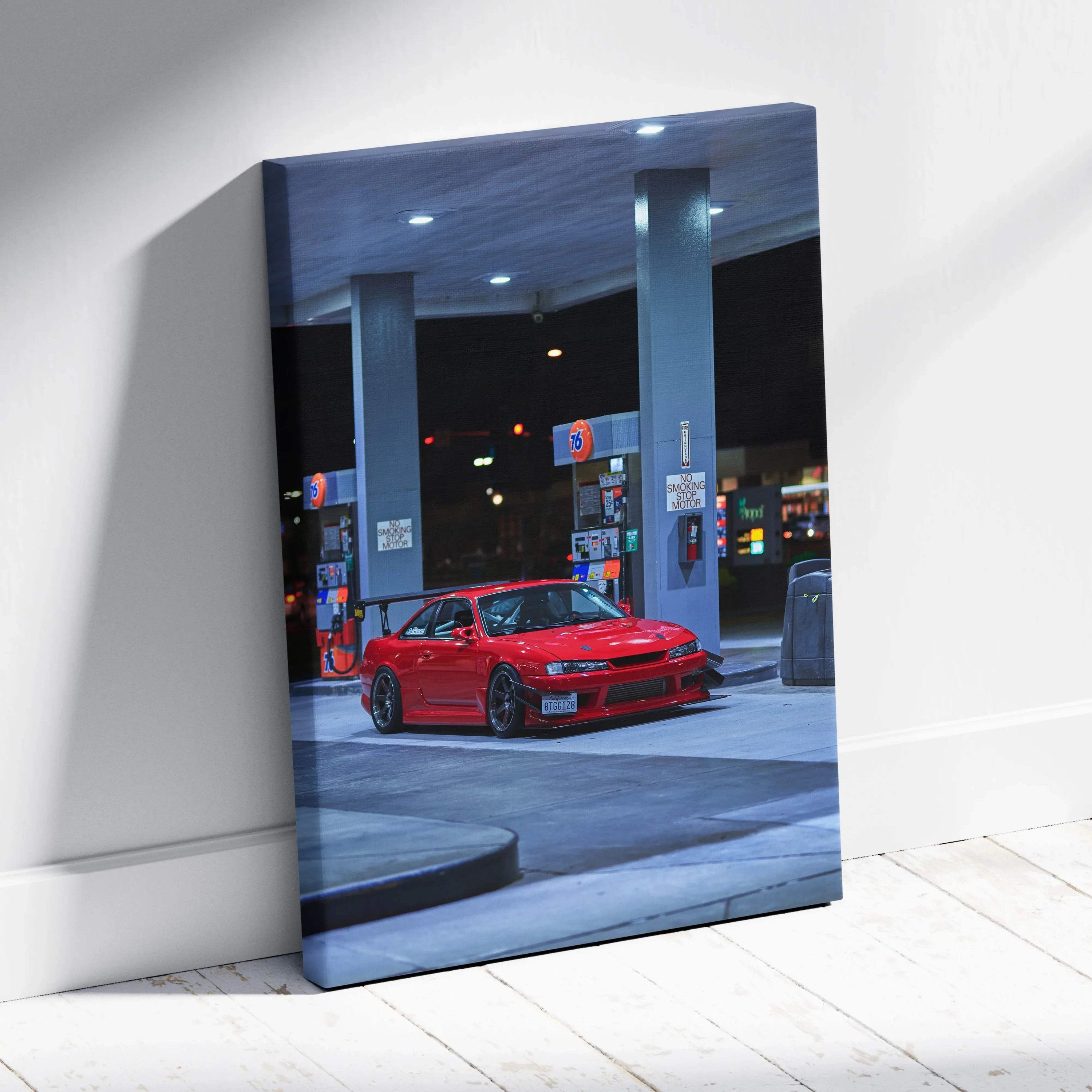Red Nissan 240sx S14 Kouki parked at night gas station canvas wall art vertical print.