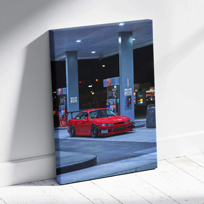 Red Nissan 240sx S14 Kouki parked at night gas station canvas wall art vertical print.