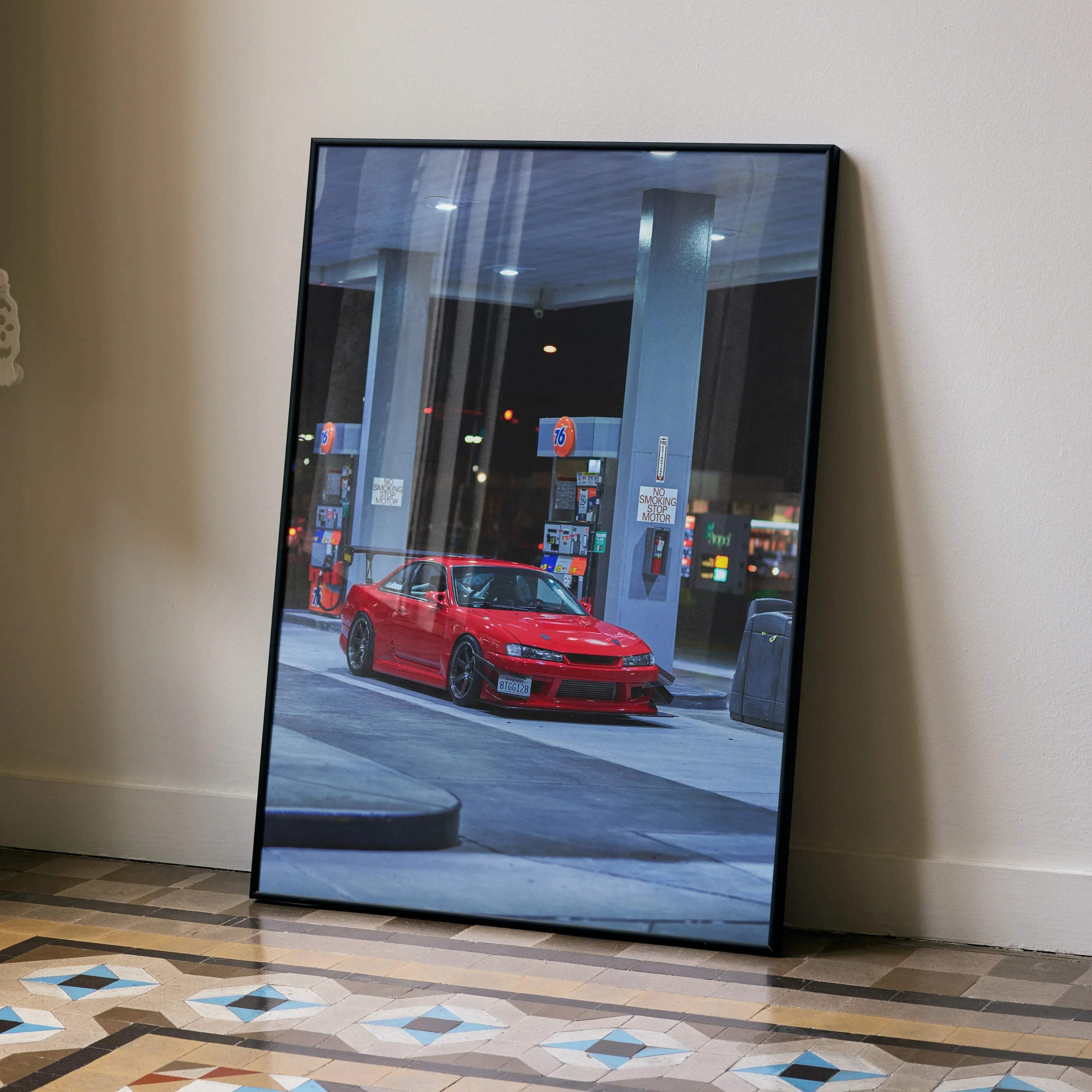 Nissan 240SX S14 Kouki red sports car poster leaning on wall, urban night scene wall art.