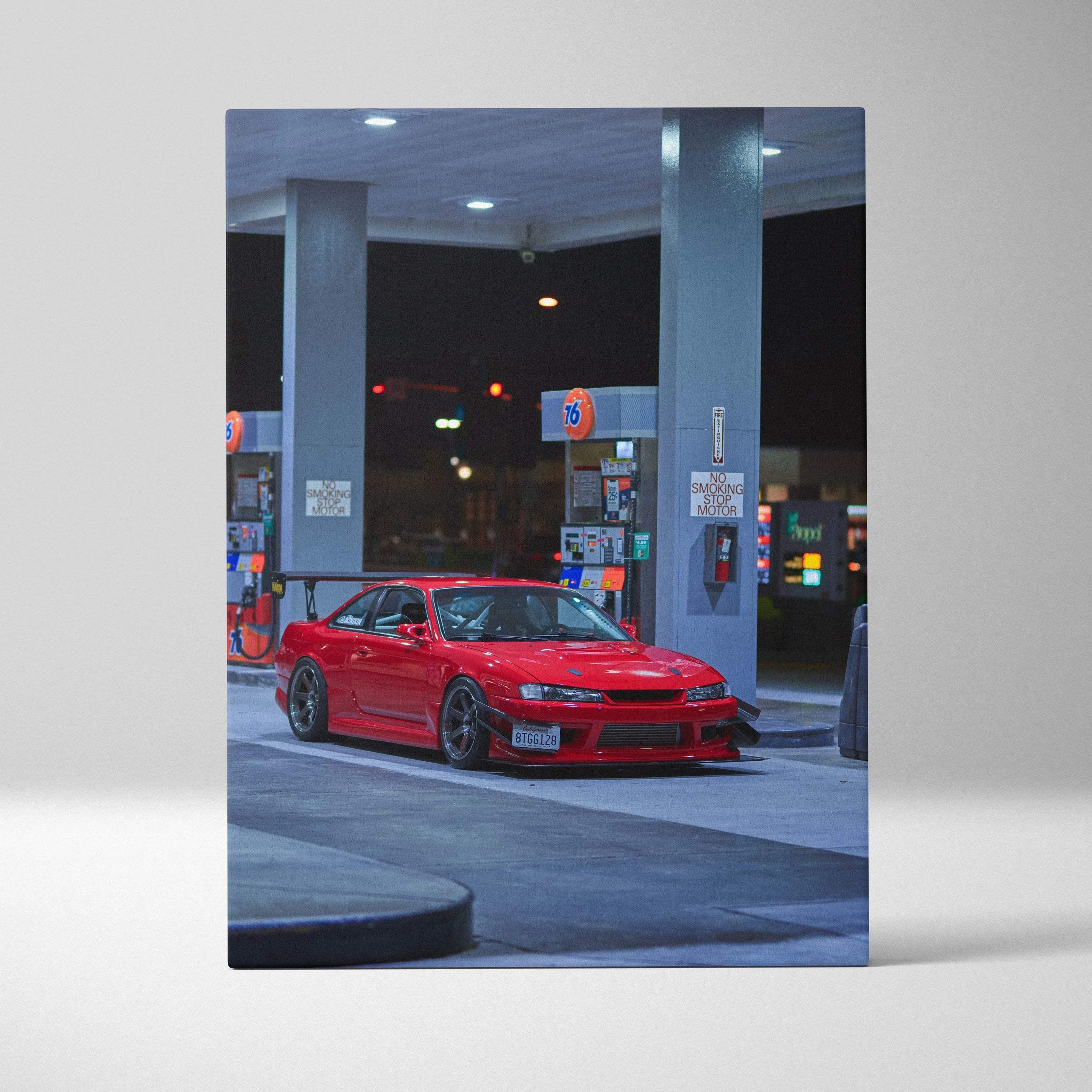 Red Nissan 240sx S14 Kouki at gas station at night vertical canvas wall art.