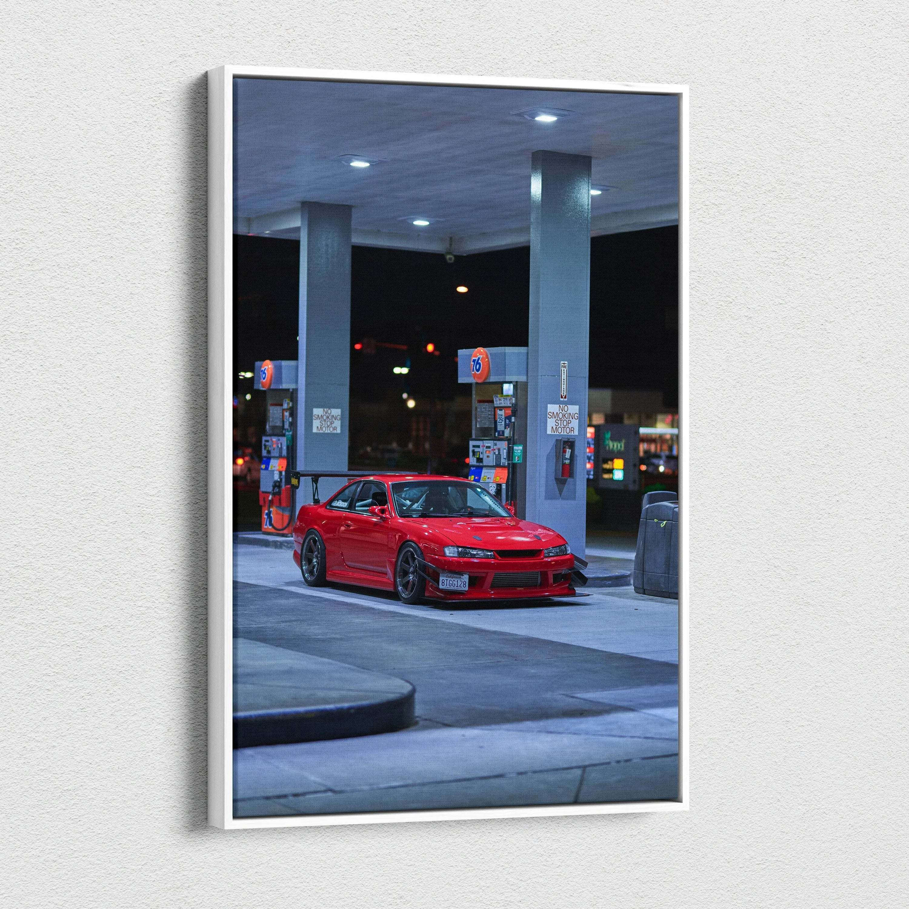 Red Nissan 240sx S14 Kouki at nighttime gas station on vertical canvas wall art.