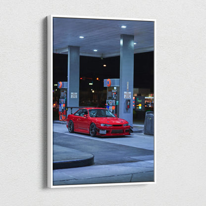 Red Nissan 240sx S14 Kouki at nighttime gas station on vertical canvas wall art.