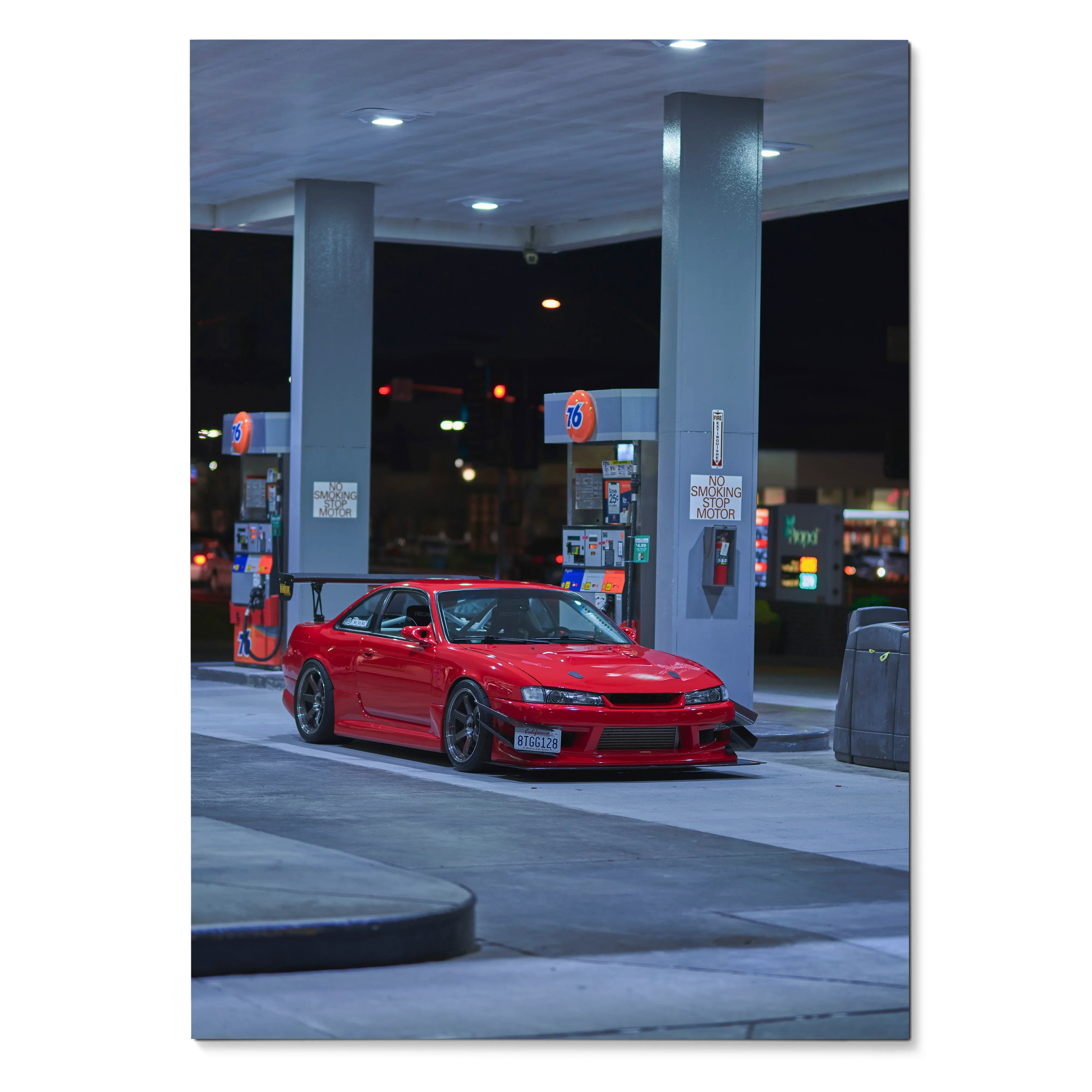Red Nissan 240SX S14 Kouki parked at gas station at night poster wall art.