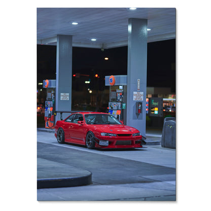 Red Nissan 240SX S14 Kouki parked at gas station at night poster wall art.