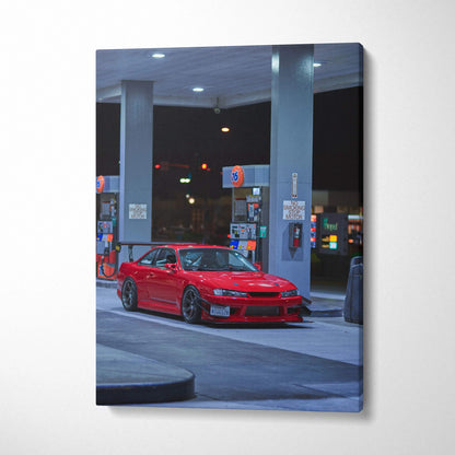 Red Nissan 240sx S14 Kouki at gas station nighttime on vertical canvas wall art.