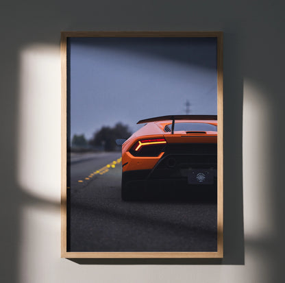 Lamborghini Huracan rear view poster wall art in wooden frame with dramatic lighting.