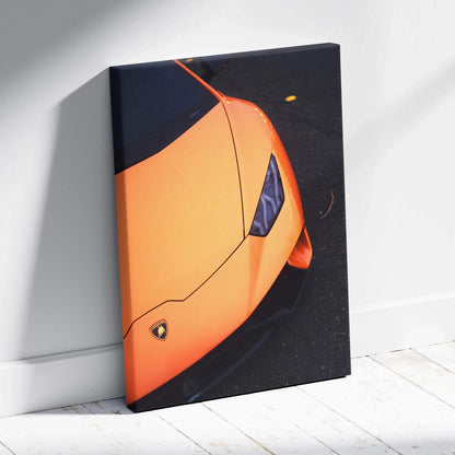 Orange Lamborghini front detail close-up vertical canvas wall art print.