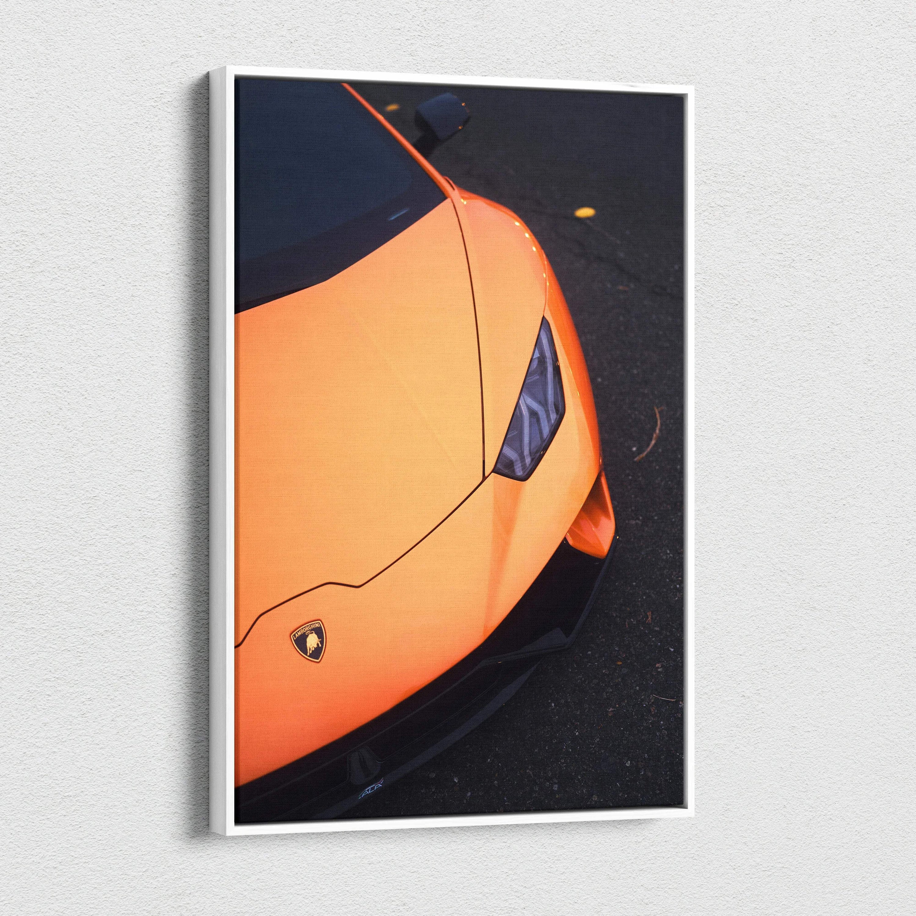 Orange Lamborghini Huracan close-up vertical canvas wall art with sleek car details.