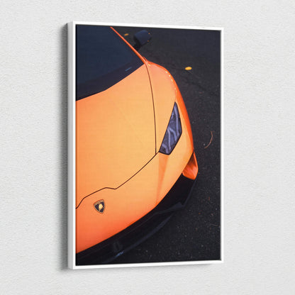Orange Lamborghini Huracan close-up vertical canvas wall art with sleek car details.