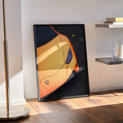 Lamborghini Huracan close-up poster with vibrant orange color and sleek headlight, modern wall art.
