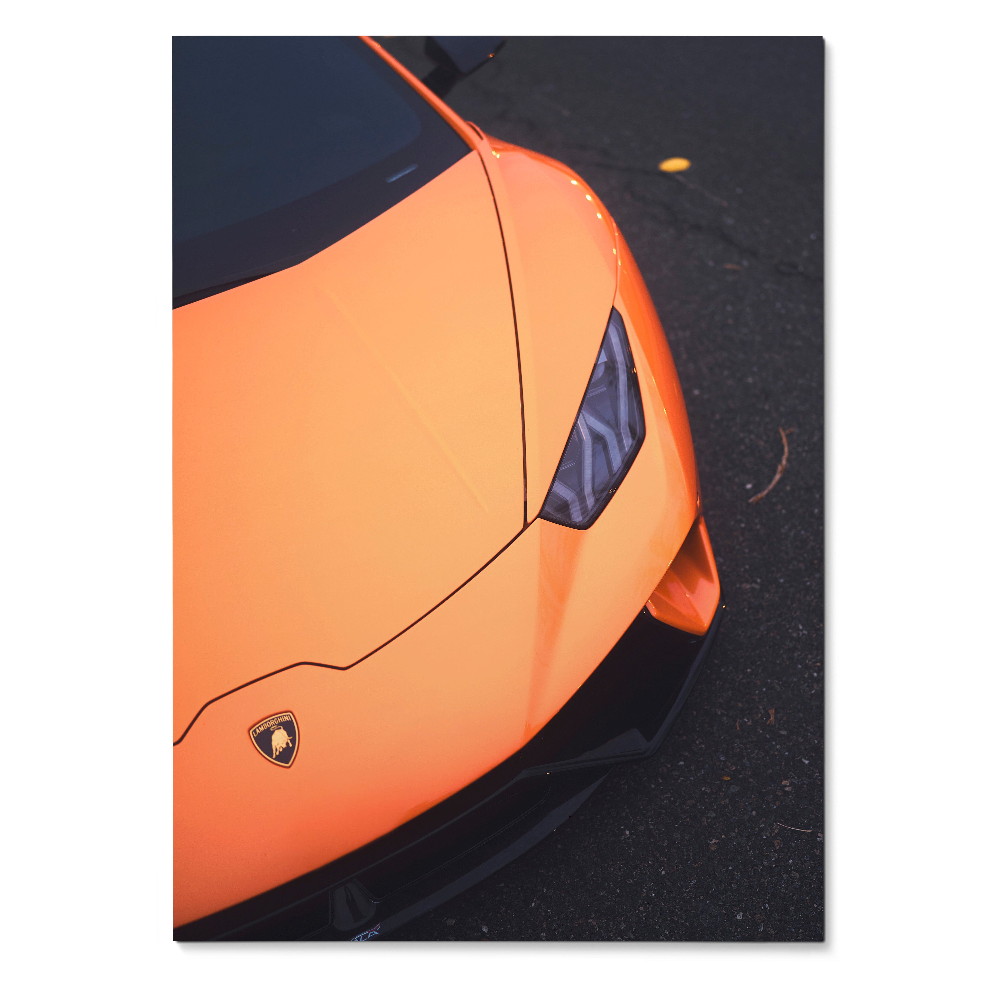 Orange Lamborghini Huracan front close-up poster showcasing sleek headlight and hood details wall art.
