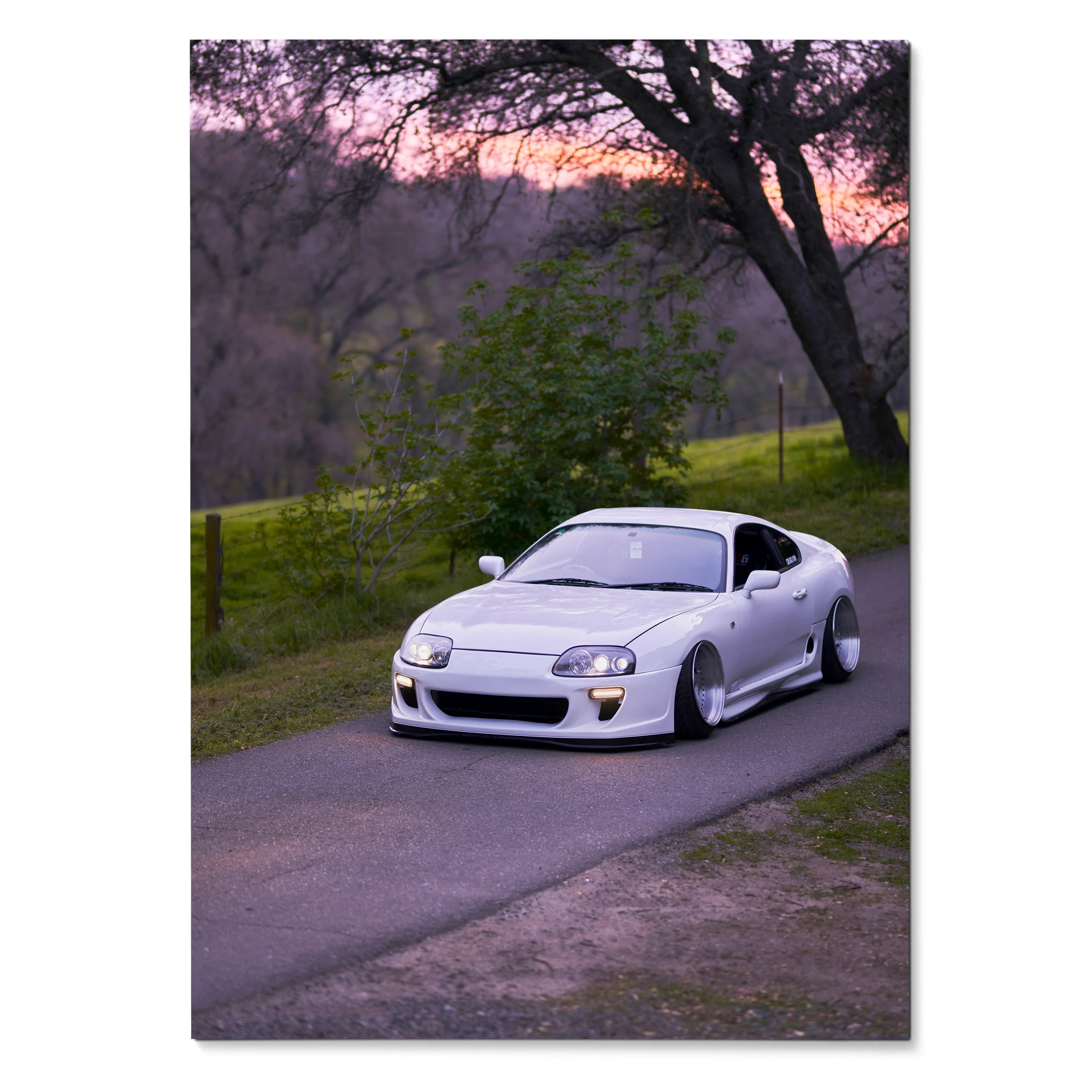 Toyota Supra MK4 white sports car on country road at sunset poster wall art.