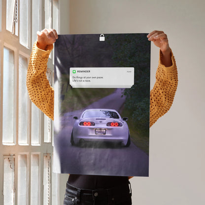 Toyota Supra Mk4 poster wall art with rear car view and motivational reminder text.