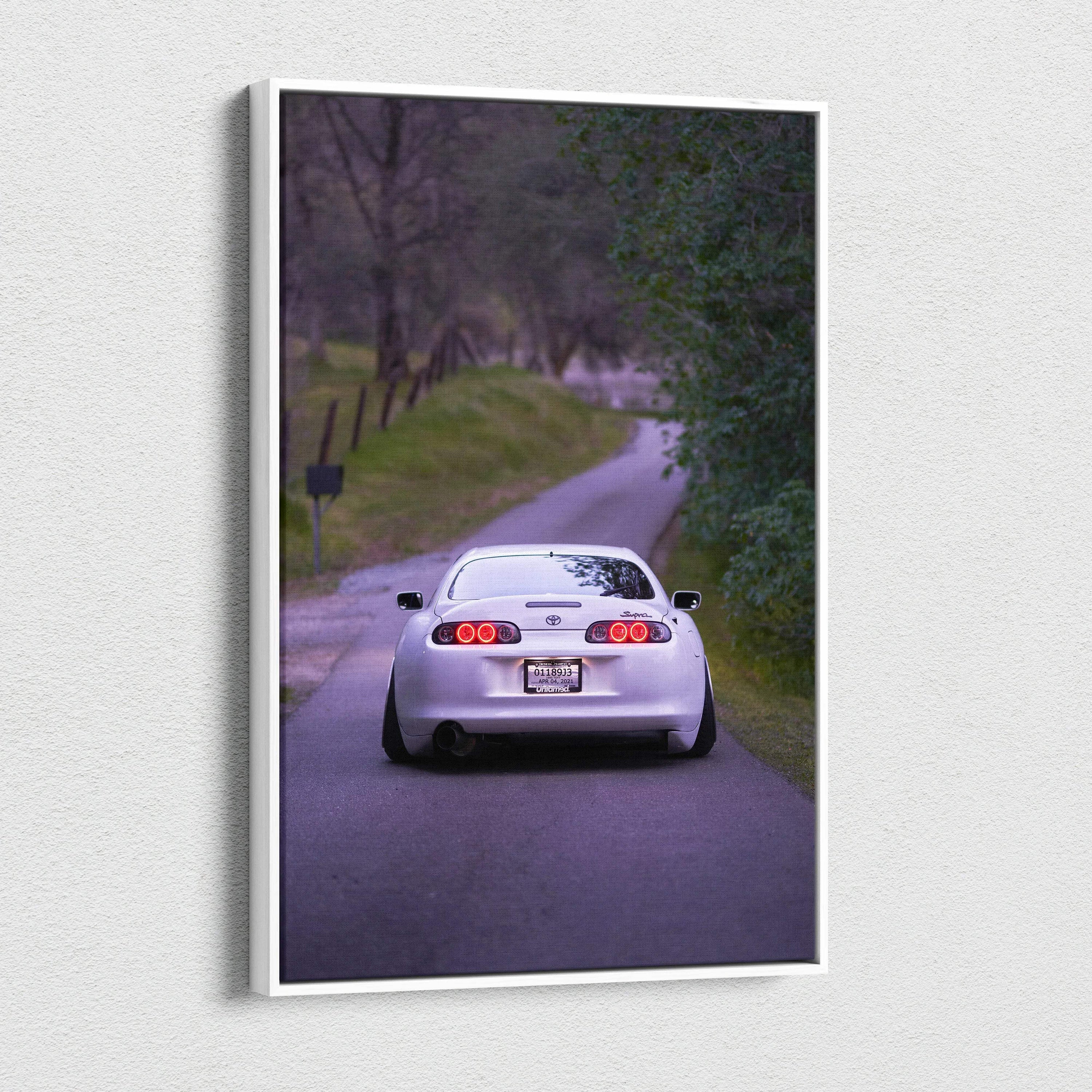 Toyota Supra MK4 rear view on country road vertical canvas wall art print.