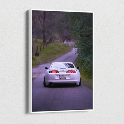 Toyota Supra MK4 rear view on country road vertical canvas wall art print.