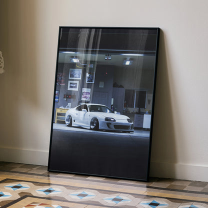 Toyota Supra MK4 white sports car poster leaning against wall, high-resolution wall art.