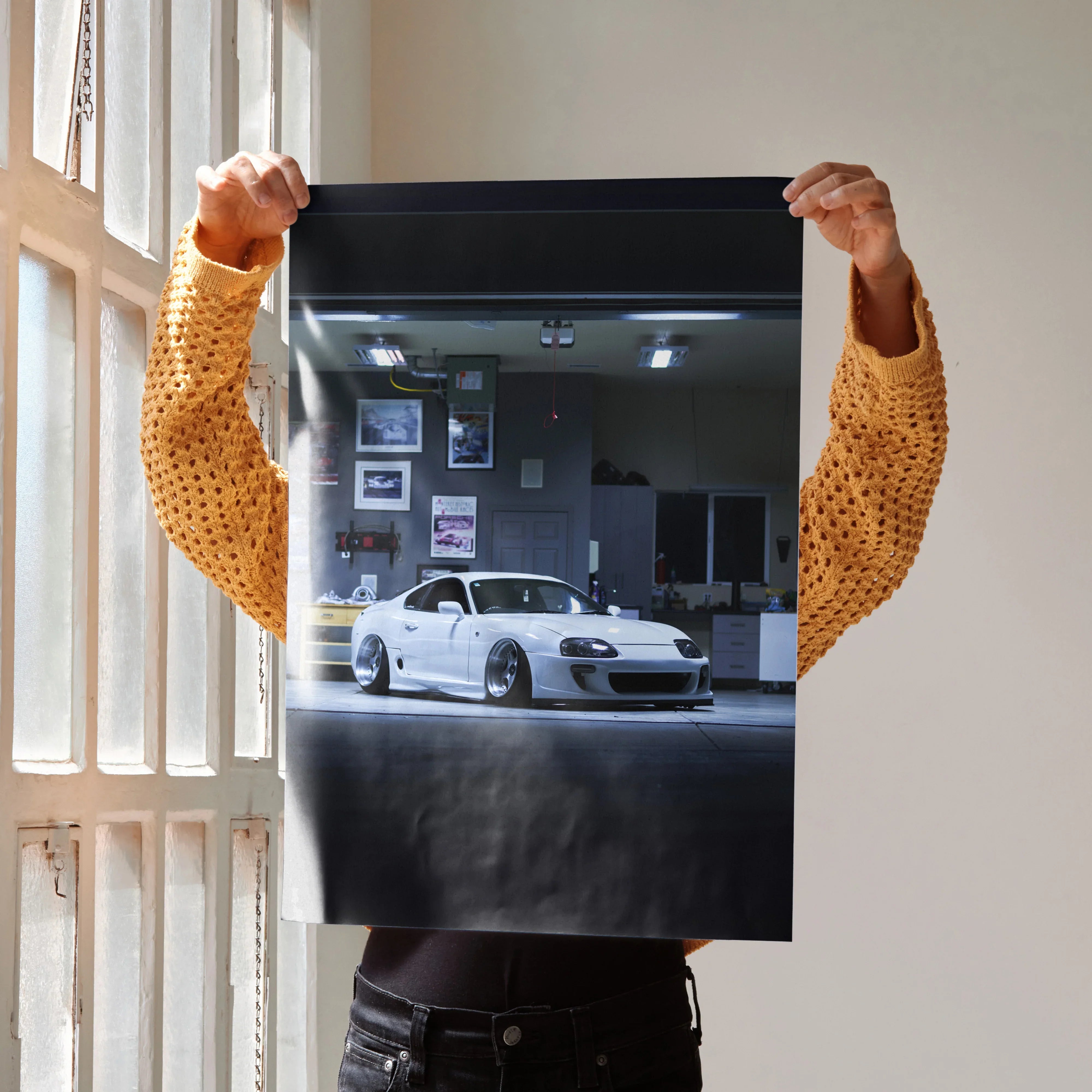 Poster of white Toyota Supra MK4 sports car in modern garage, high-resolution wall art.