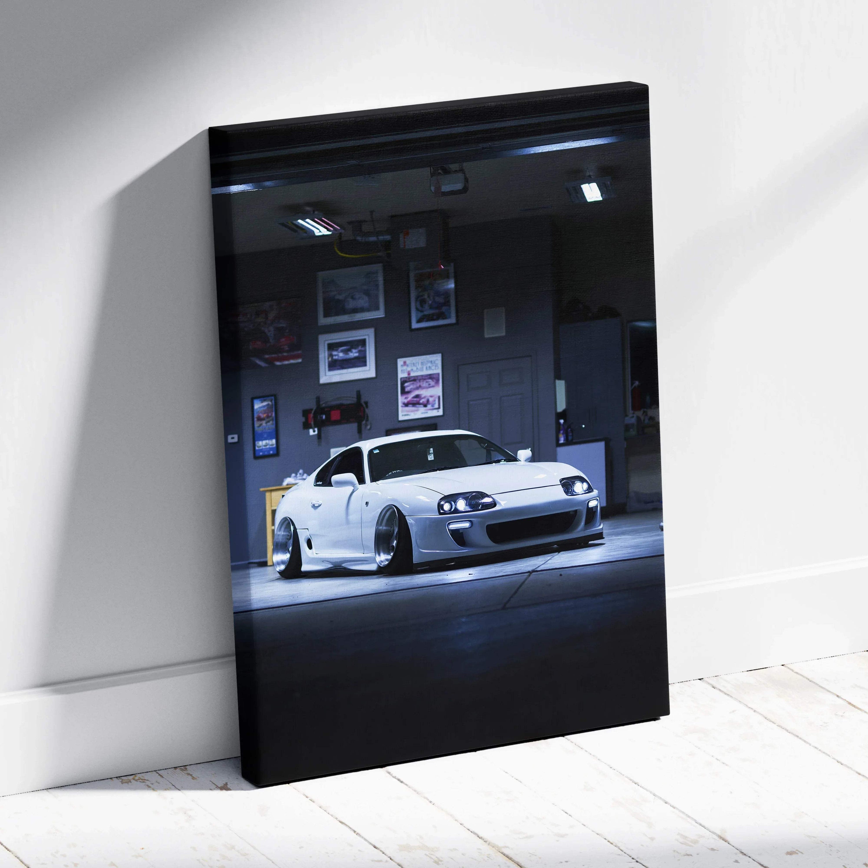 Toyota Supra MK4 white sports car canvas art with dark garage background wall art.