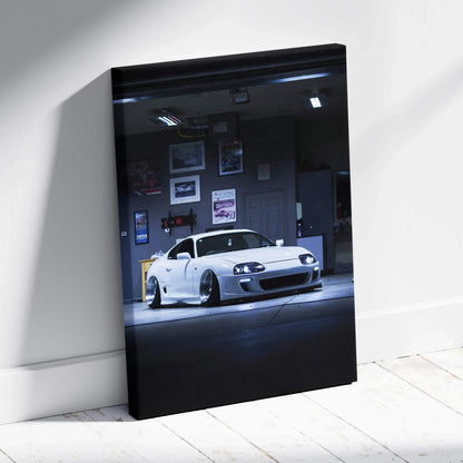 Toyota Supra MK4 white sports car canvas art with dark garage background wall art.