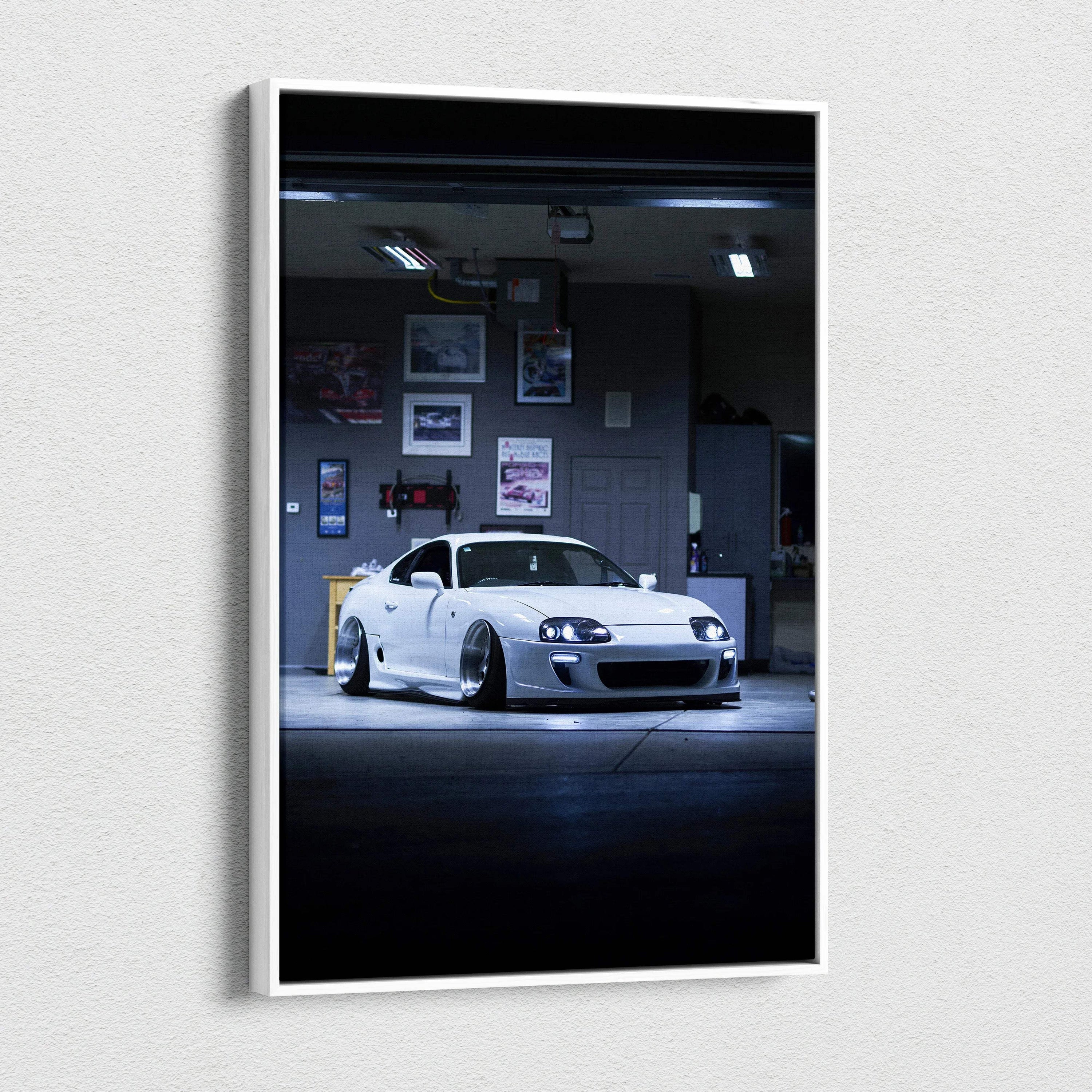 Toyota Supra MK4 white sports car in garage setting vertical canvas wall art.