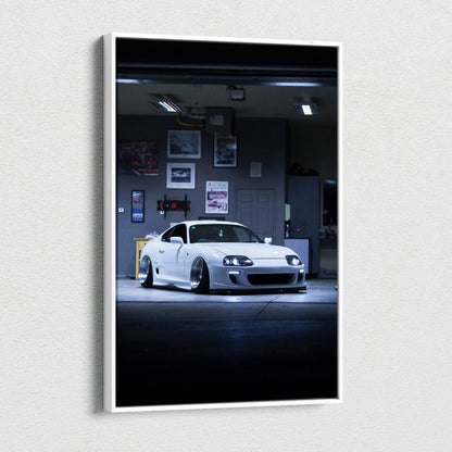 Toyota Supra MK4 white sports car in garage setting vertical canvas wall art.
