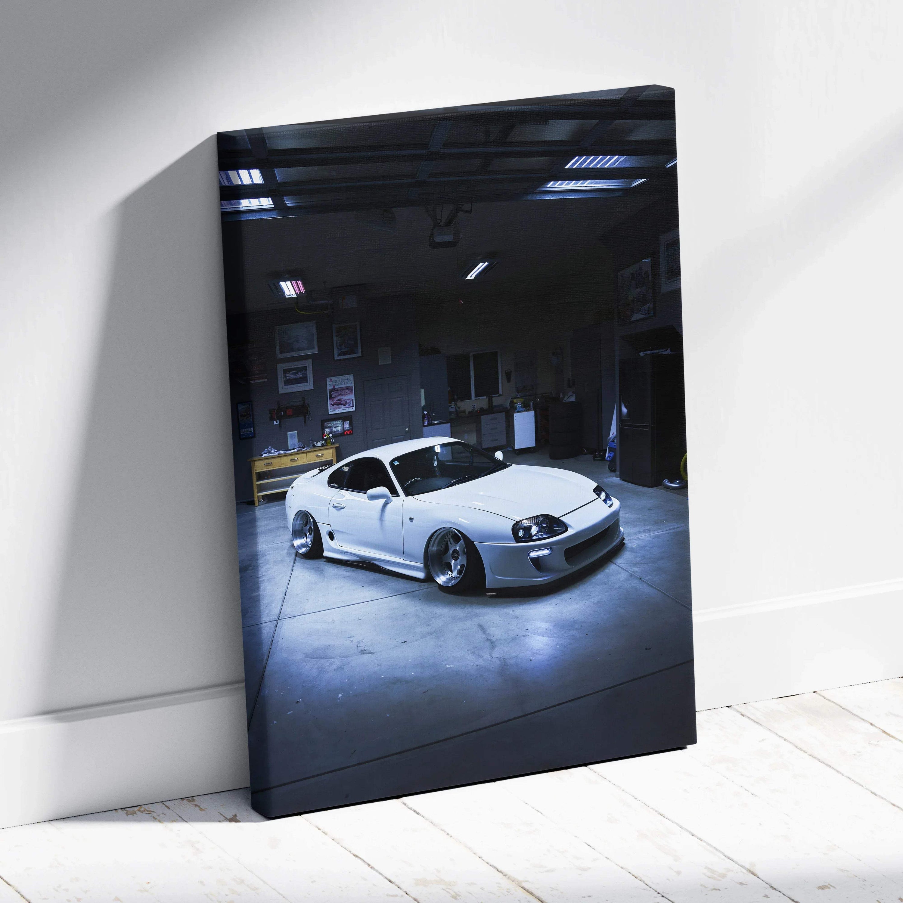 White Toyota Supra MK4 parked indoors on high-resolution vertical canvas art wall print.