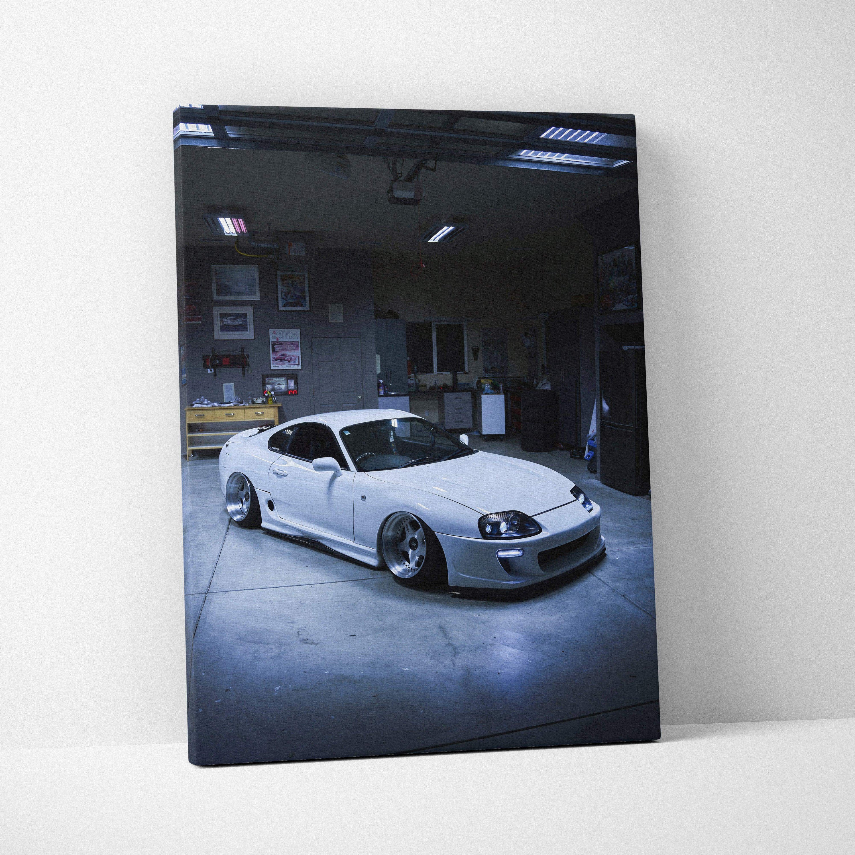 Toyota Supra MK4 white sports car canvas art with high gloss finish, vertical wall art.