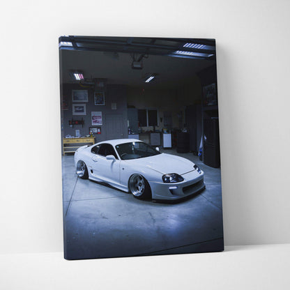 Toyota Supra MK4 white sports car canvas art with high gloss finish, vertical wall art.
