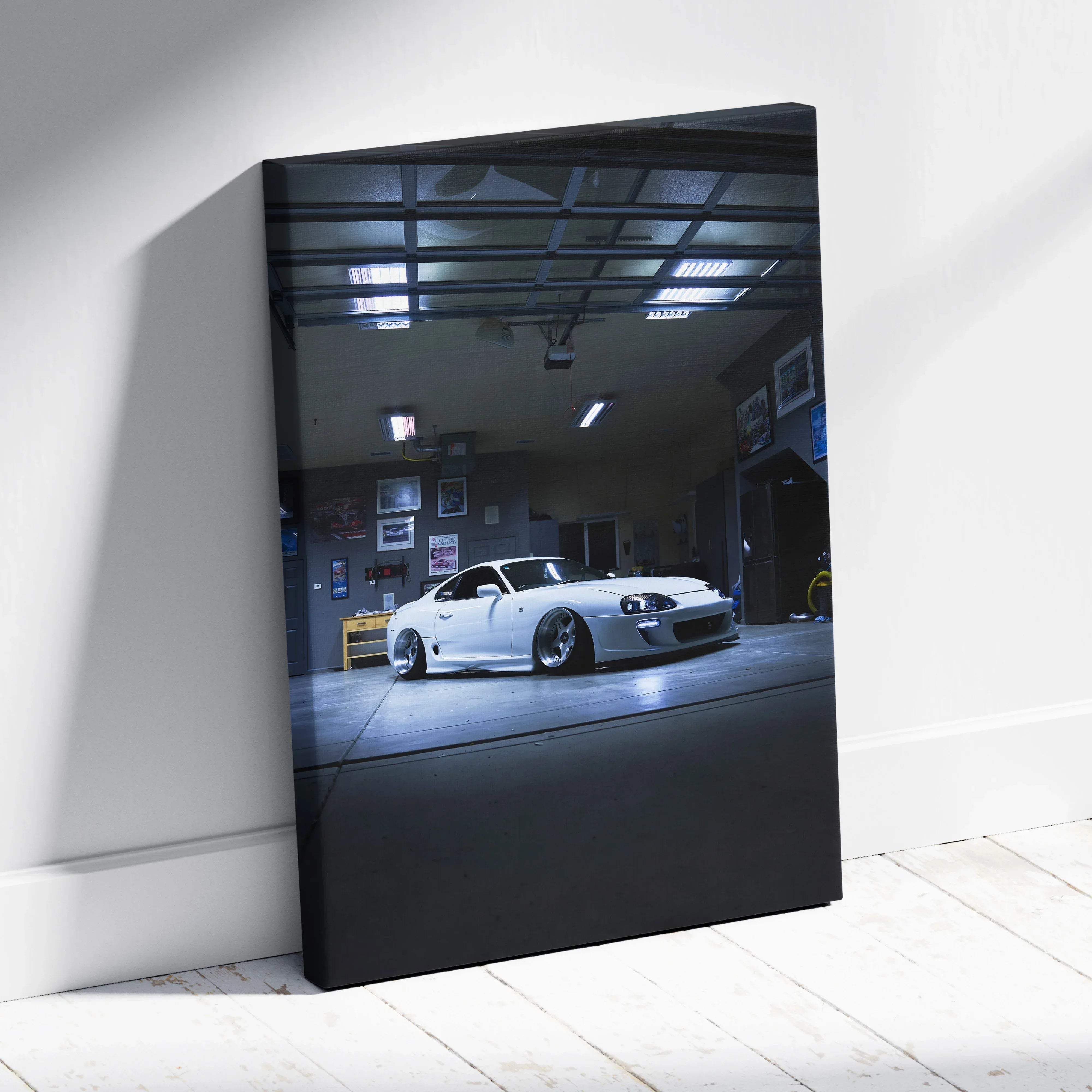 White Toyota Supra MK4 sports car canvas print museum quality vertical automotive wall art for garage decor