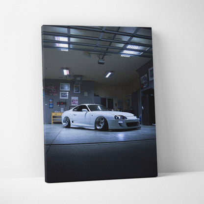 Toyota Supra MK4 in dark garage setting canvas art, vertical wall art print.