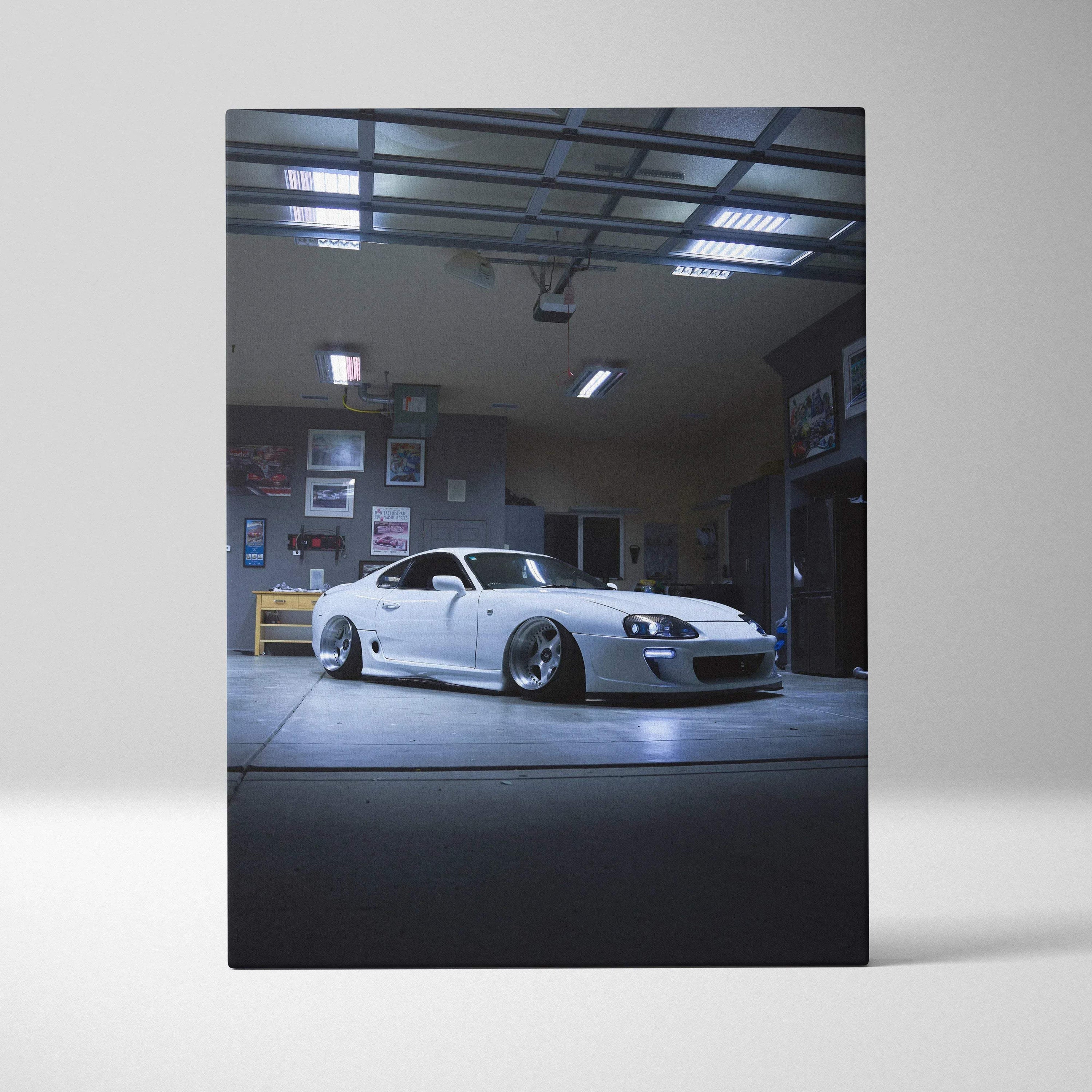 Toyota Supra MK4 car in a dimly lit garage canvas wall art, vertical automotive canvas print.