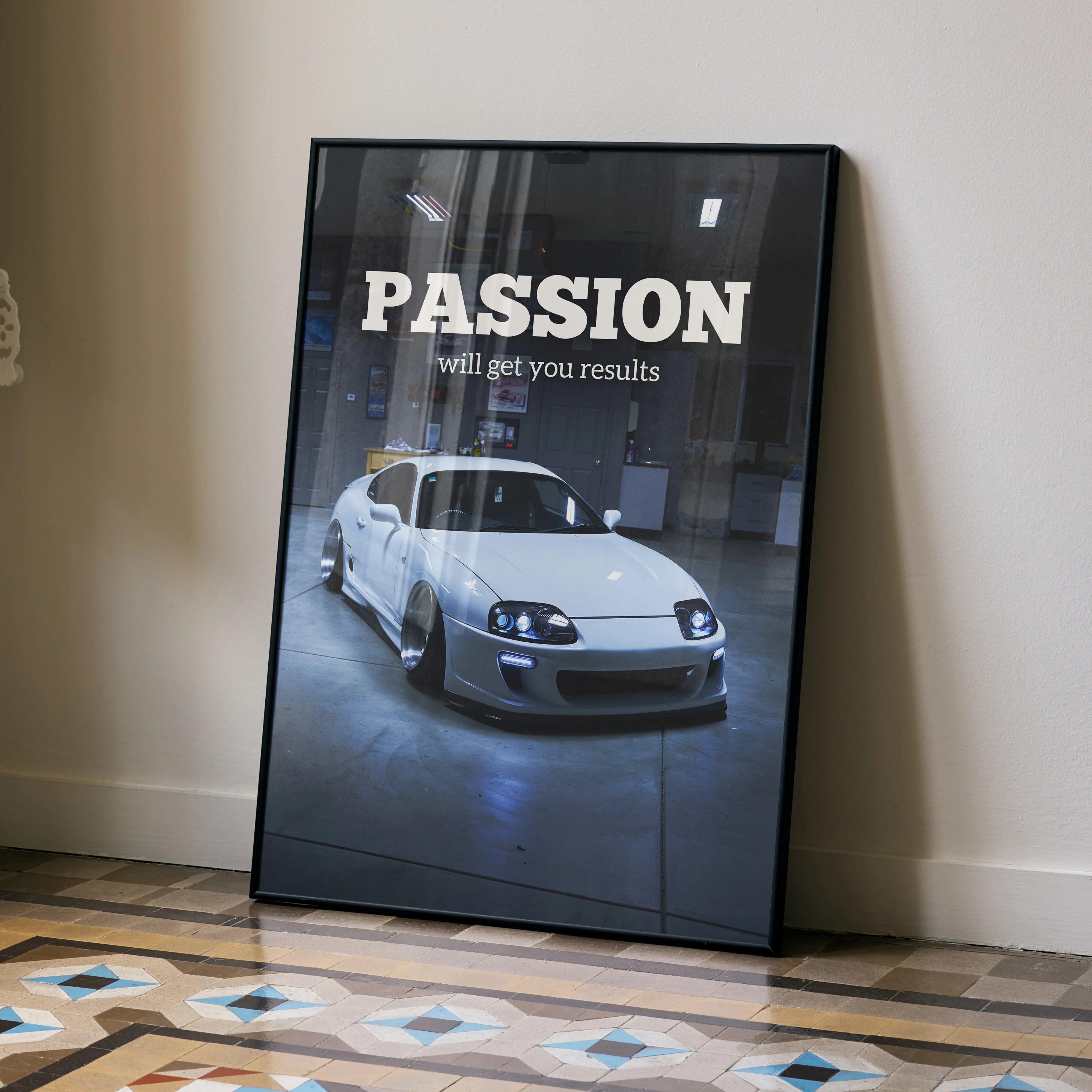 Toyota Supra Mk4 poster wall art with white sports car and motivational text "Passion will get you results".