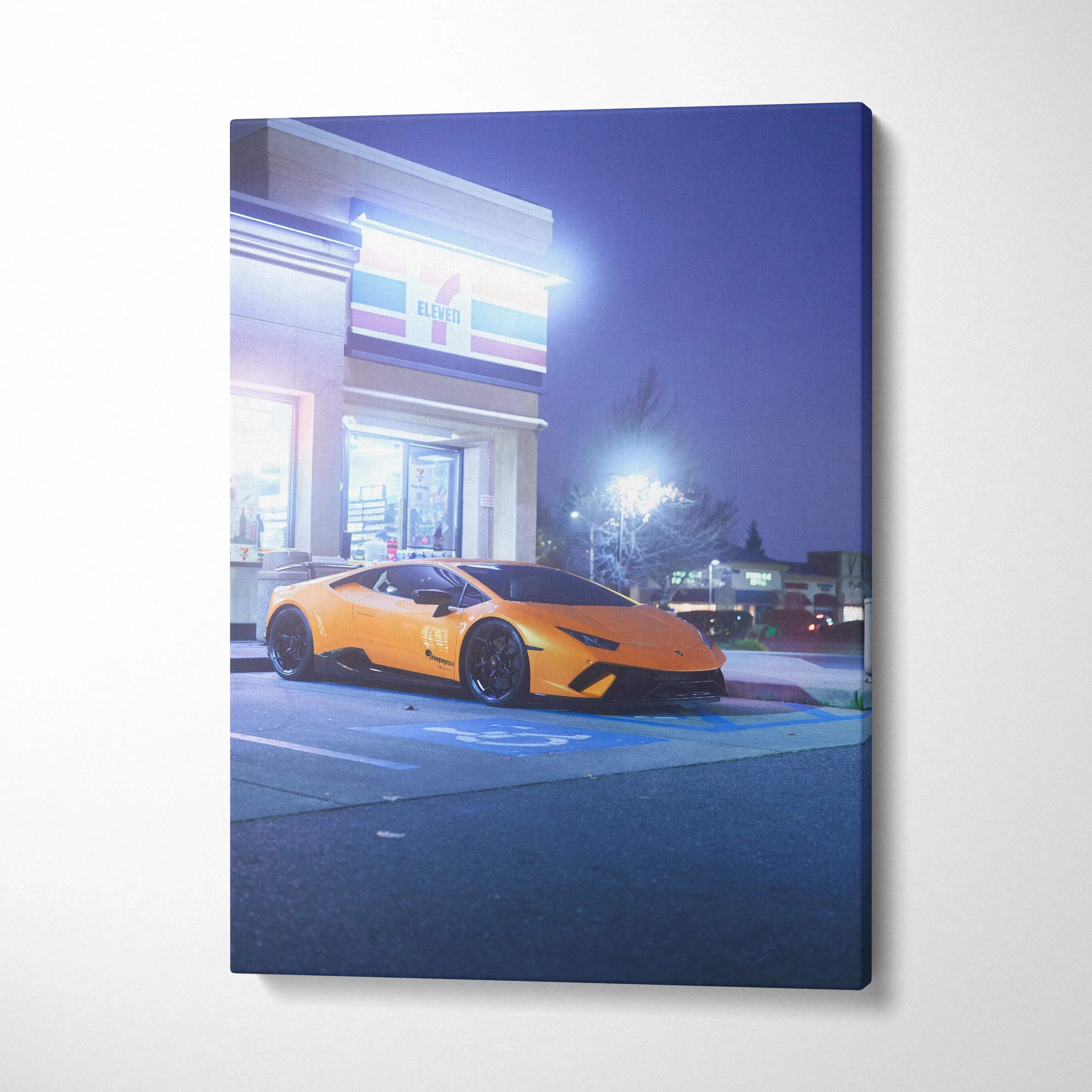 Lamborghini Huracan parked at night vibrant canvas art wall art museum quality car print.