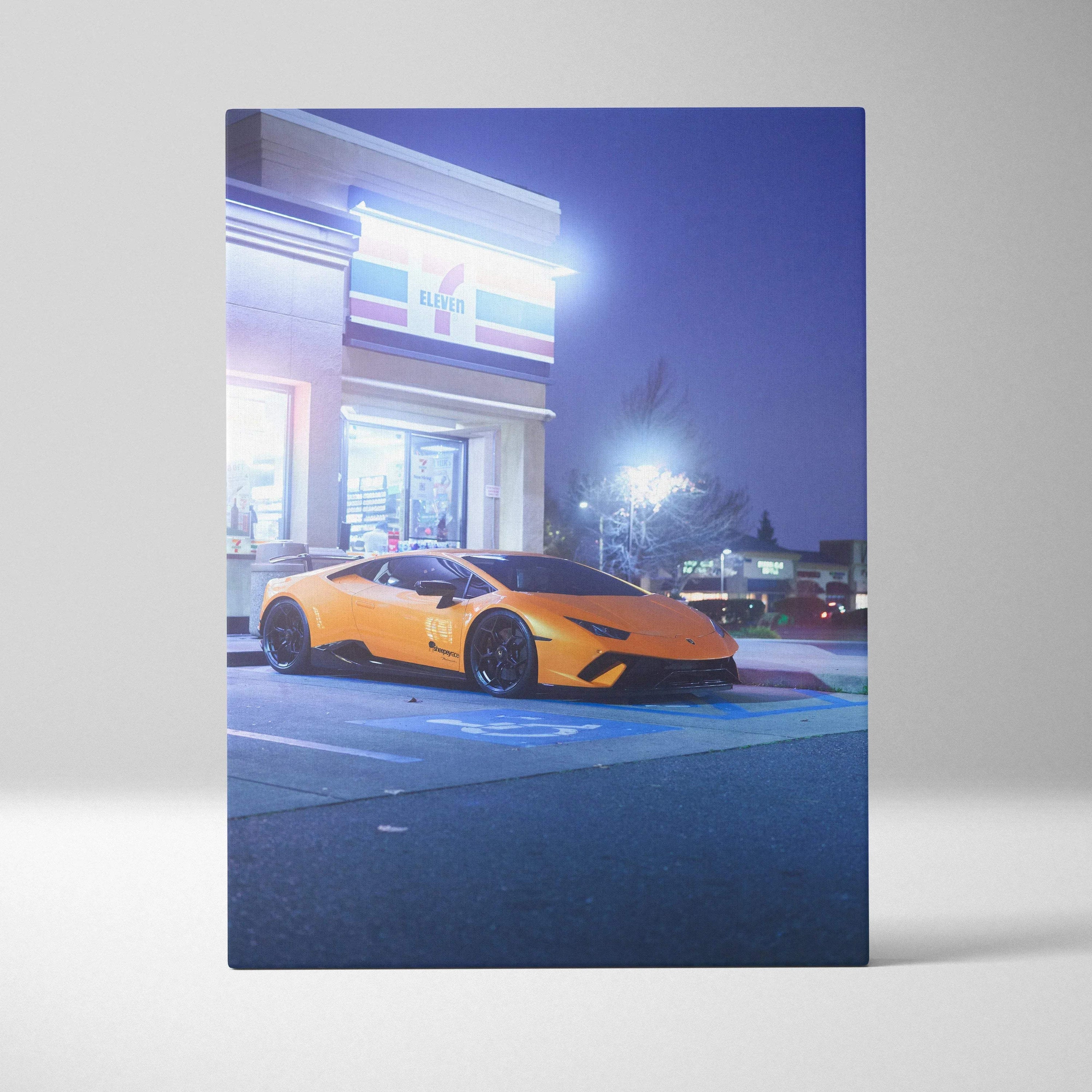 Lamborghini Huracan orange sports car canvas art vertical wall art with night city background.