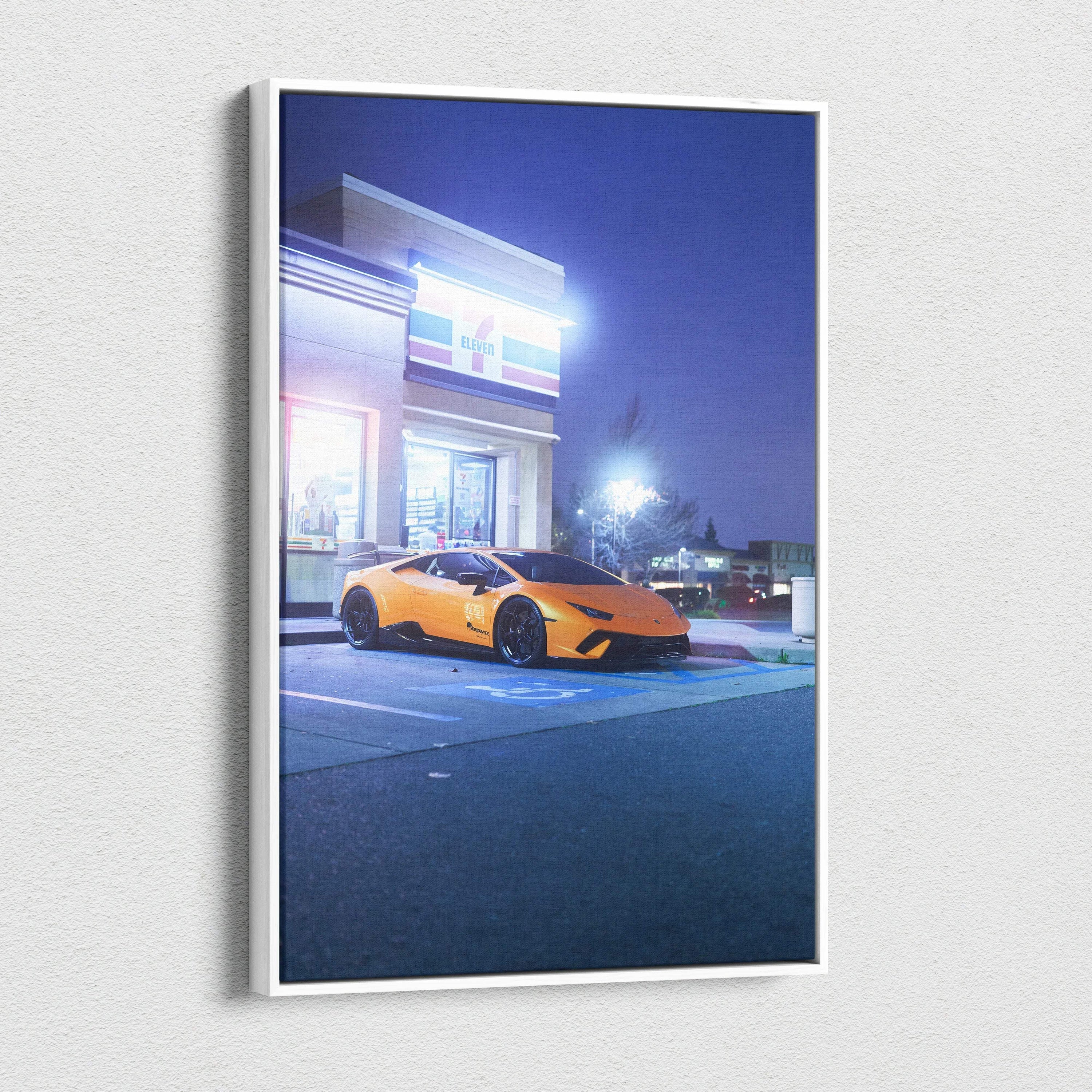 Vertical canvas art featuring a vibrant orange Lamborghini Huracan parked at night, modern wall art canvas print.