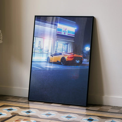 Lamborghini Huracan parked at night neon-lit street scene poster wall art with glossy finish.