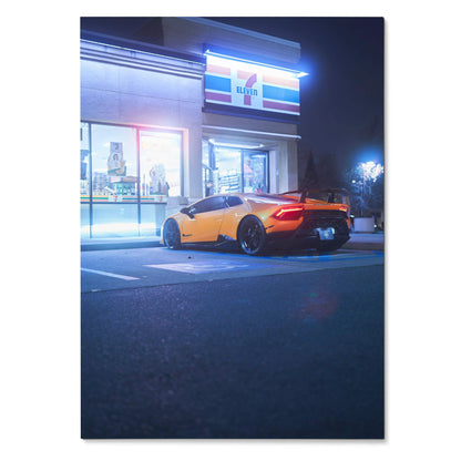Lamborghini Huracan parked outside 7-Eleven at night poster wall art with neon lights.