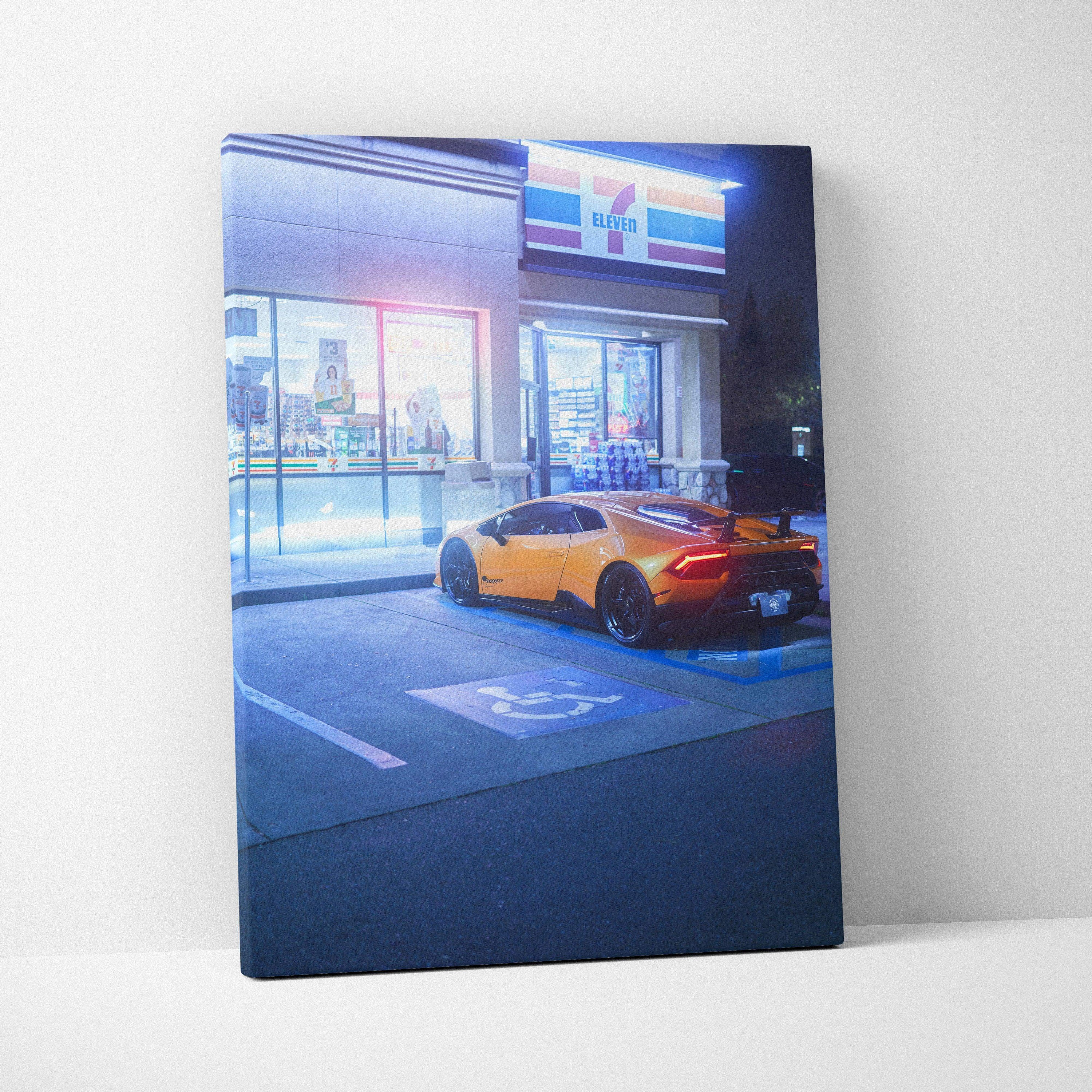 Lamborghini Huracan parked outside 7-Eleven at night canvas wall art, vertical canvas print.