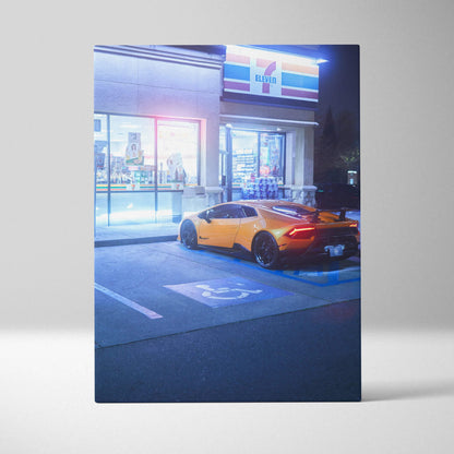 Yellow Lamborghini Huracan parked outside a lit storefront at night, vertical canvas wall art.