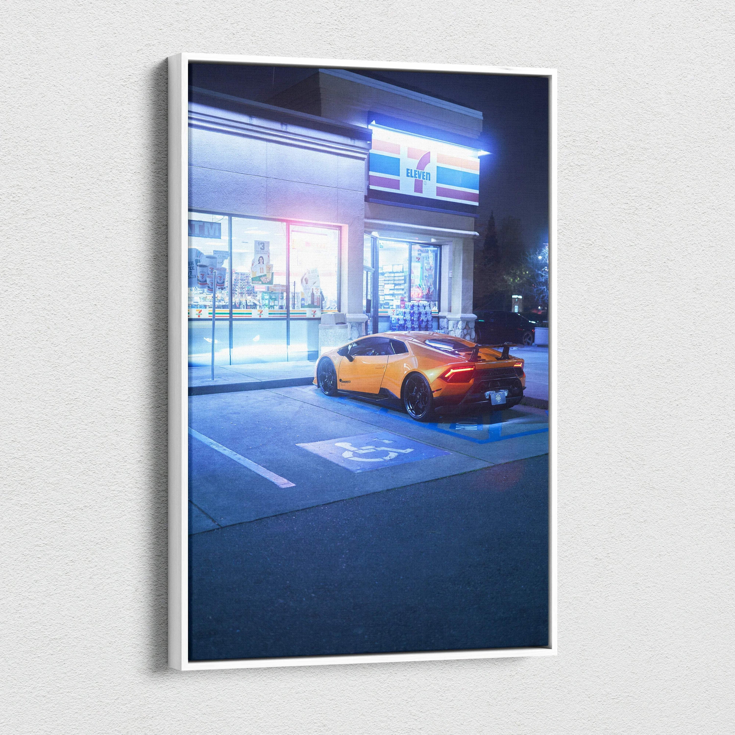 Lamborghini Huracan parked outside 7-Eleven at night canvas wall art print.