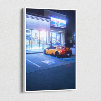 Lamborghini Huracan parked outside 7-Eleven at night canvas wall art print.