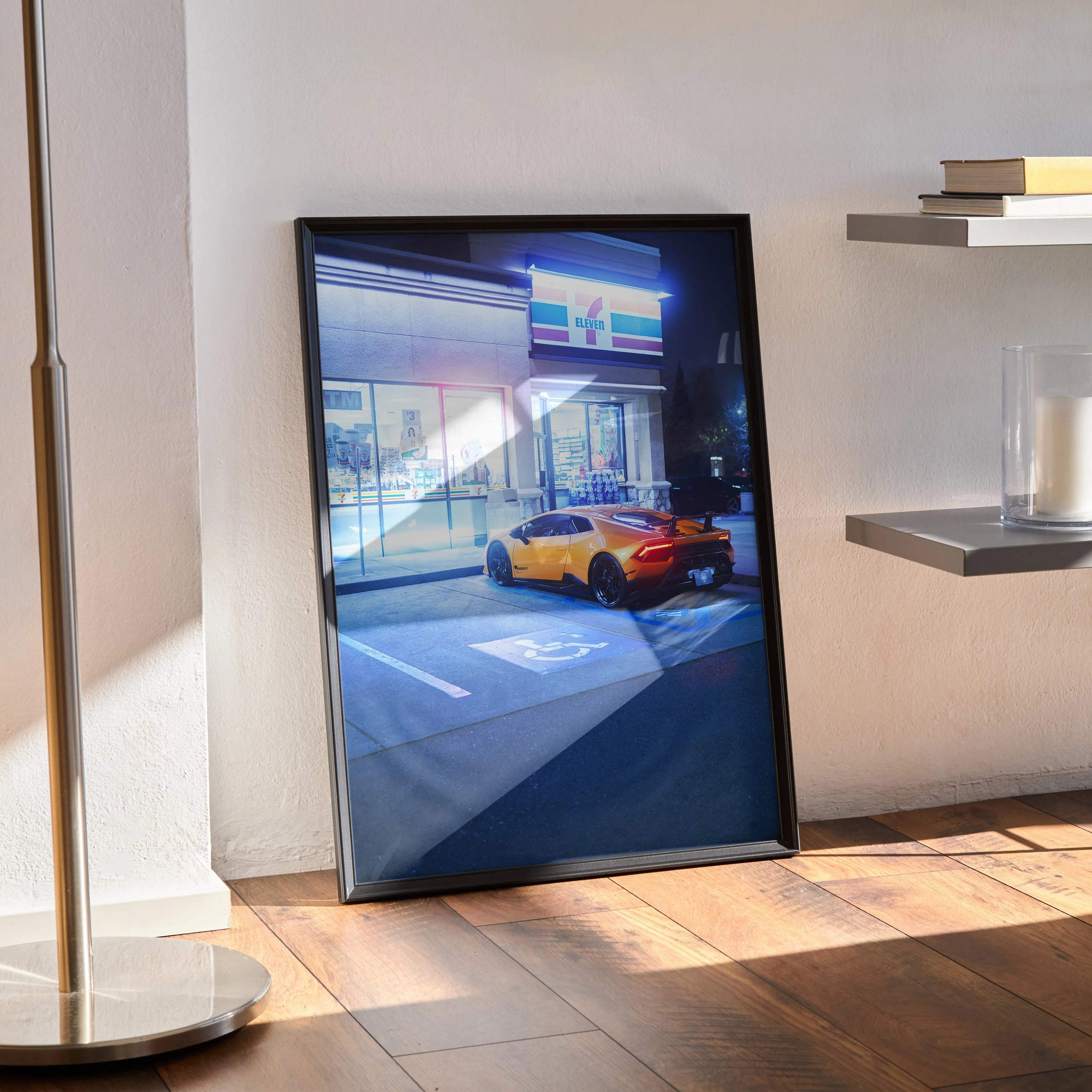 Lamborghini Huracan poster wall art with vibrant urban night scene in black frame.