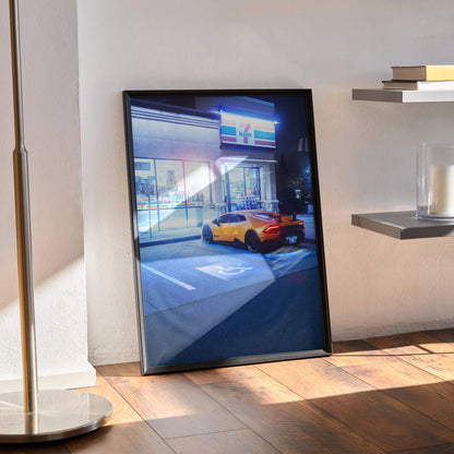 Lamborghini Huracan poster wall art with vibrant urban night scene in black frame.