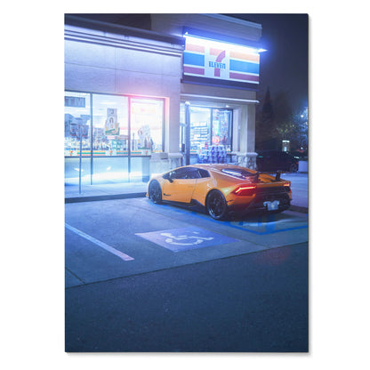 Lamborghini Huracan parked outside illuminated 7-Eleven at night poster wall art.