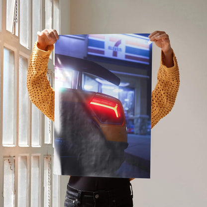 Lamborghini Huracan rear view with illuminated taillights in dynamic lighting poster wall art.